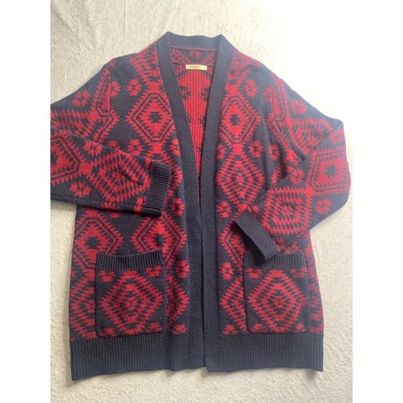 WoolOvers Red Navy Aztec Geometric Knit Cardigan Sweater Medium Open Front - Picture 2 of 8
